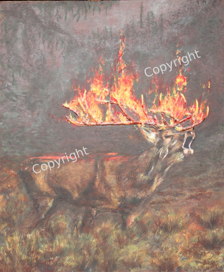 Help! Flora Fauna Painting. Moose, Fire, Field, Forest,